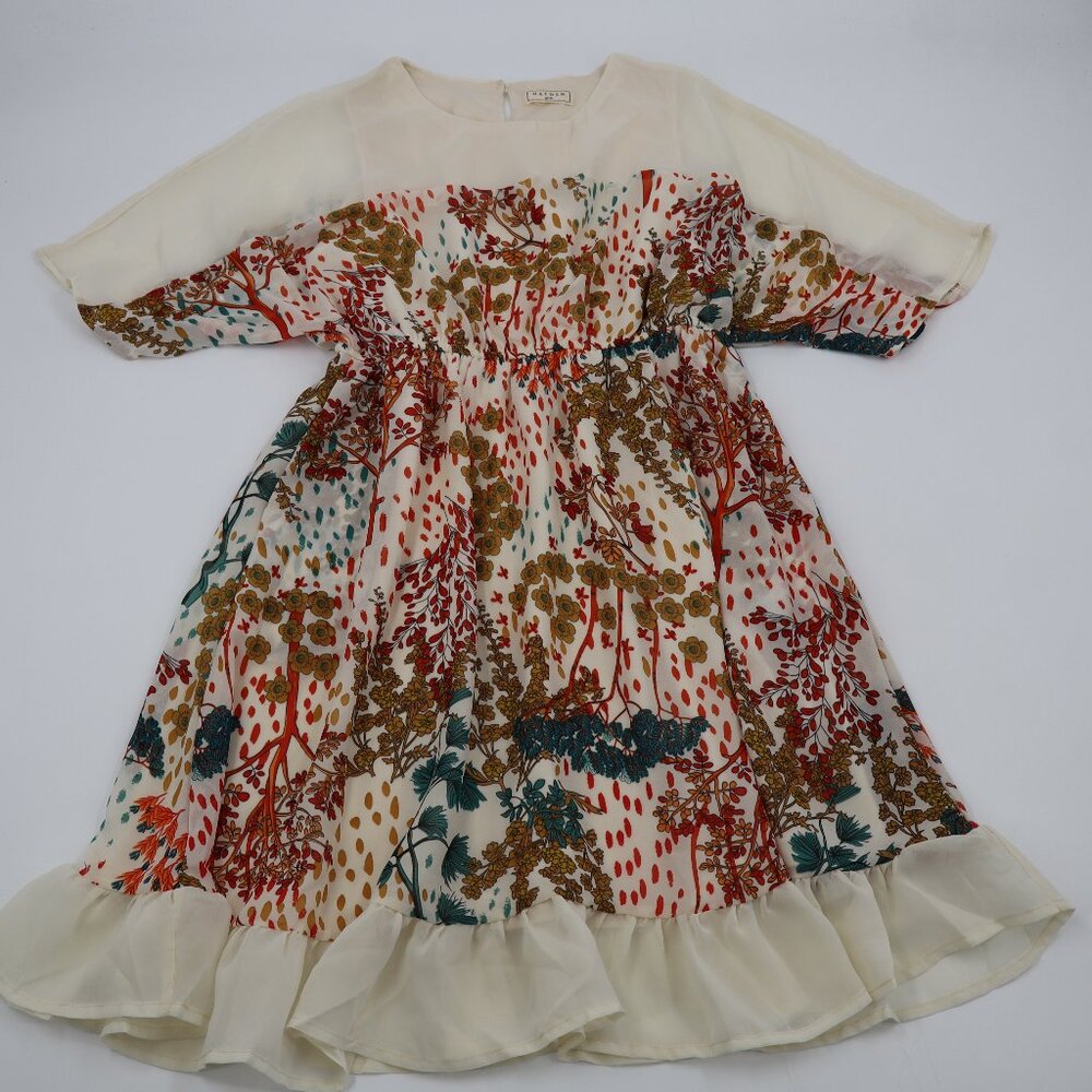 Hayden‎ Girls Dress Large Cream Multi Woodland Floral Ruffle Chiffon GK1597